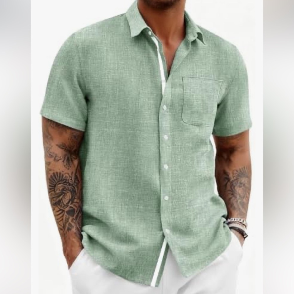 NWT RUNCATI Men's Casual Short-Sleeve Olive Green Button-Up Shirt | M